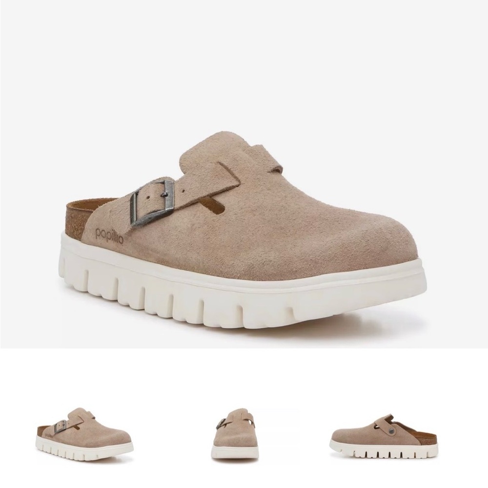 Birkenstock Papillio Suede Clog in Taupe with White Sole